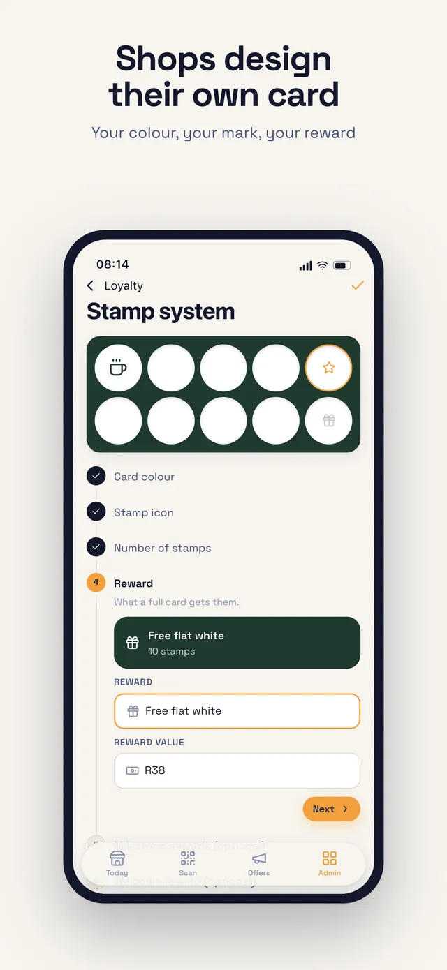 Shops design their own card. The card builder, where an owner sets the colours, icon, reward and stamp count.